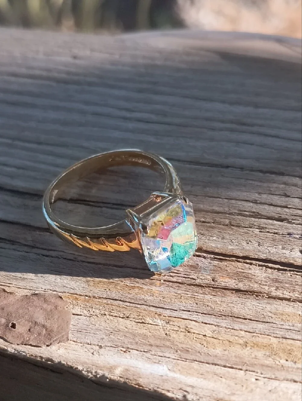 Gold-Tone Ring with Iridescent Square Crystal - Women Jewelry